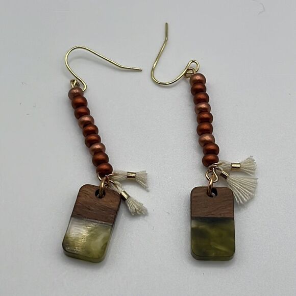 Gold Tone Beaded Tassel Earth Tone Rectangular Charm Boho Earrings - Picture 5 of 7
